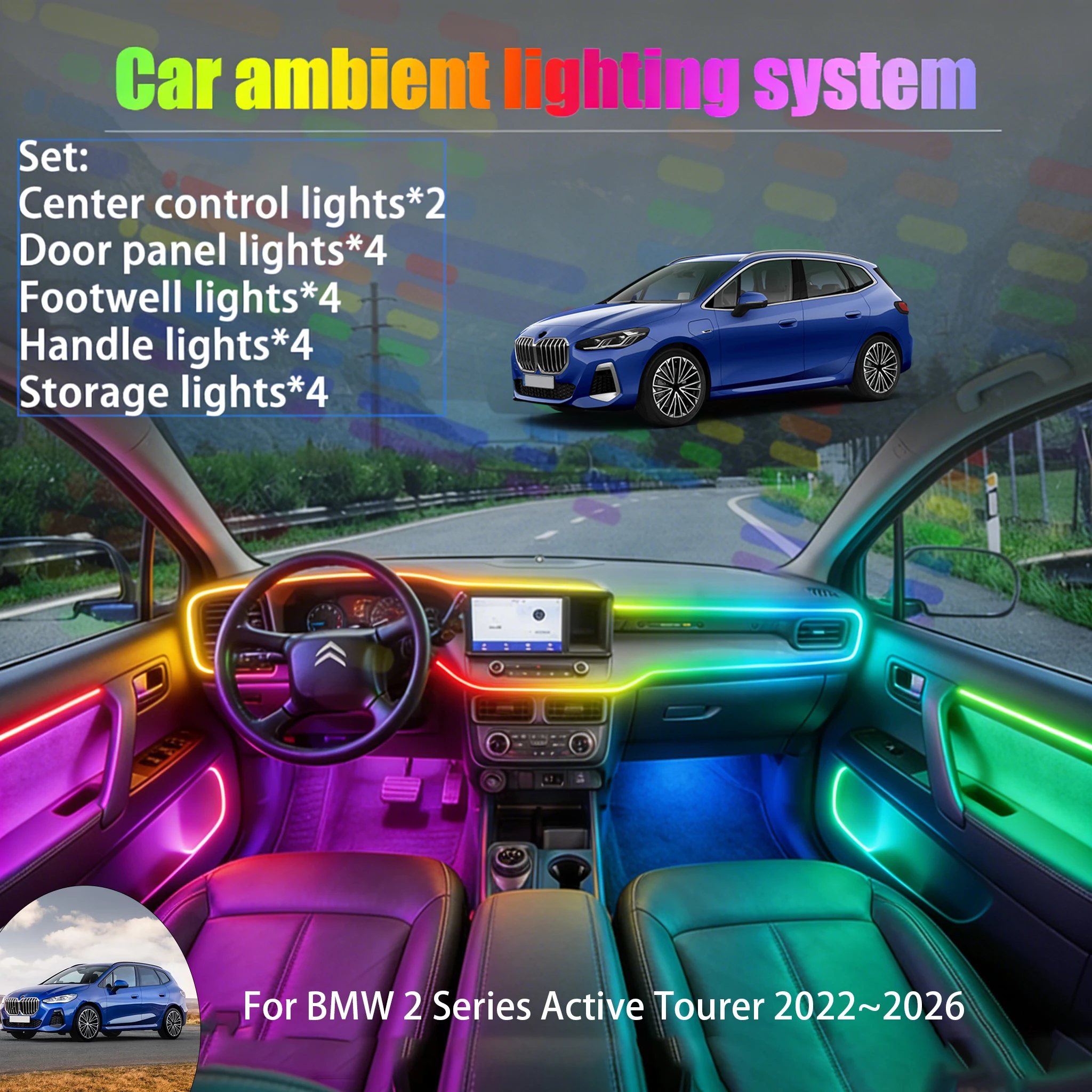 

For BMW 2 Series Active Tourer 2022~2026 2/18 in 1 Car ambient lighting Led trunk interior led lights USB RGB Ensemble Streamer