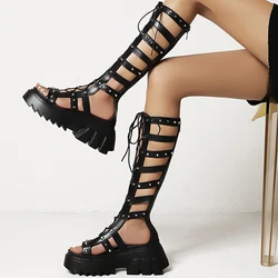 Platform Metal Open Toe Gladiator Sandals Boots For Women 2022 Chunky Heels Punk Summer Leisure Goth Sandals Shoes Woman