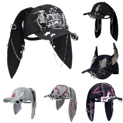 Imagen 2 del producto Gorra de béisbol y2k de moda coreana para Punk rasgado Retro Denim Jeans Graffiti Cool Long Rabbit Ear Street Hip Hop sombreros para el sol viseras