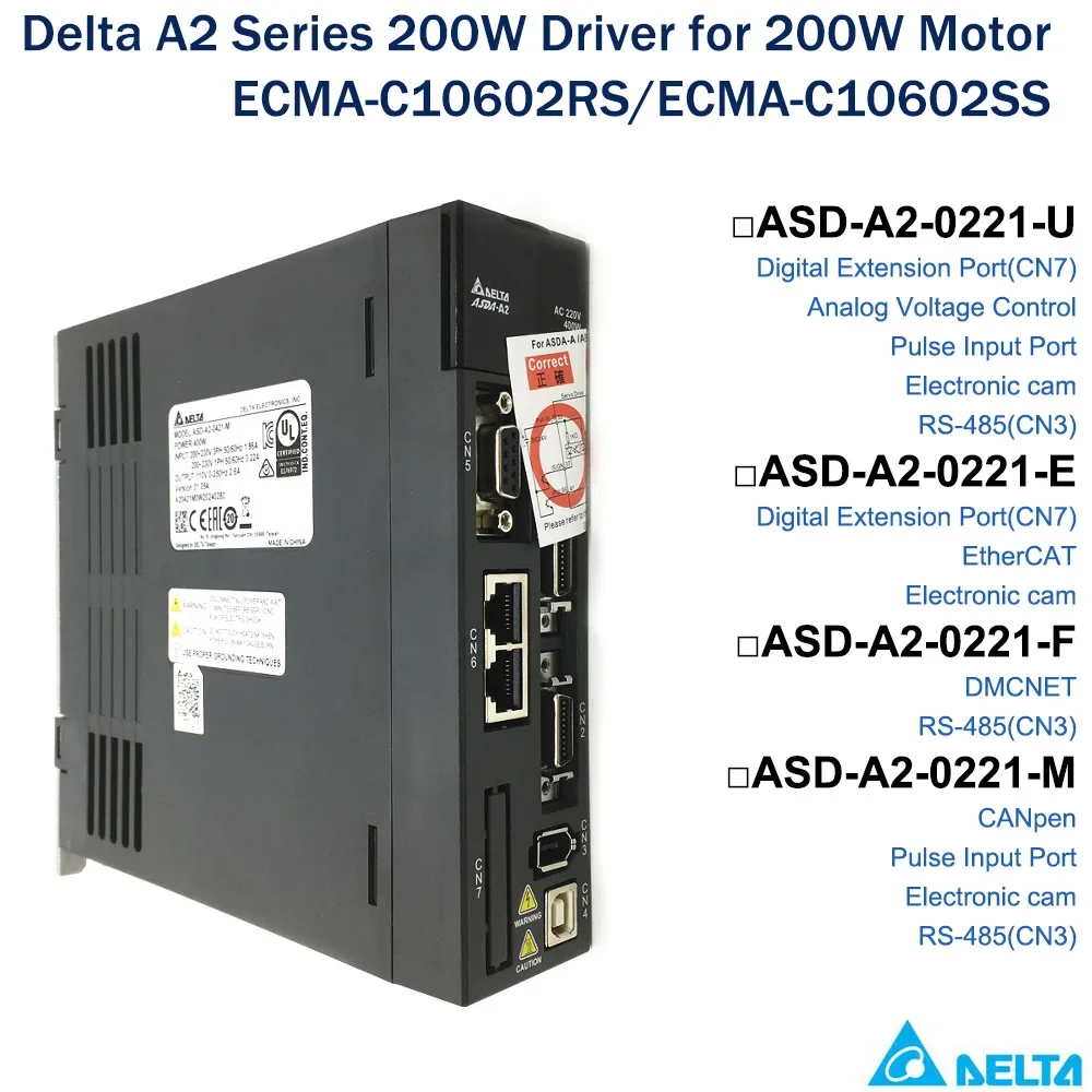 

Delta 200W AC Servo Driver ASD-A2-0221-U,ASD-A2-0221-E,ASD-A2-0221-F,ASD-A2-0221-M,E-CAM,EtherCAT,DMCNET,RS-485,CANopen,DI Port