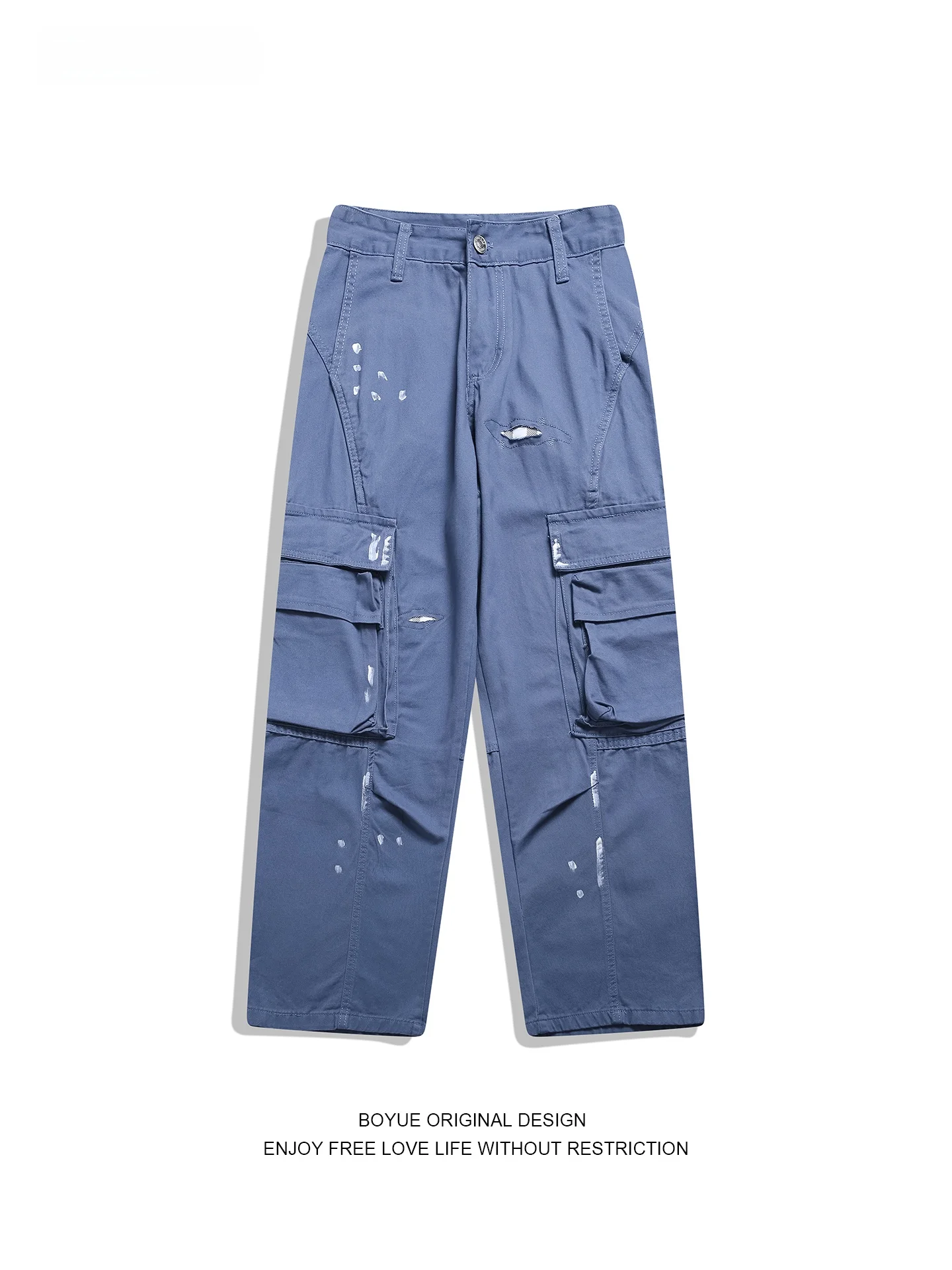

Boyue American Retro Workwear Wide Leg Pants Men Women Splaed Ink Hole Design Multi ket Versatile Long Trousers