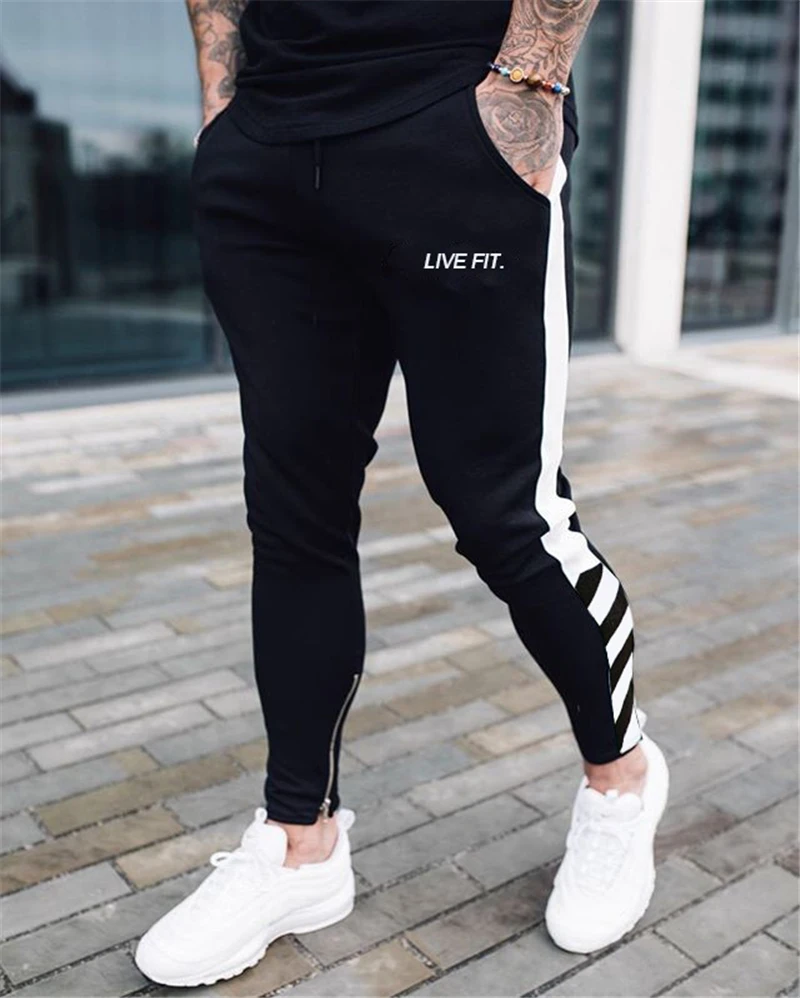 Side Striped Cotton Jogger Sweatpants Man Running Workout Training Slim Trousers Male Gym Fitness Bodybuilding Sports Pants