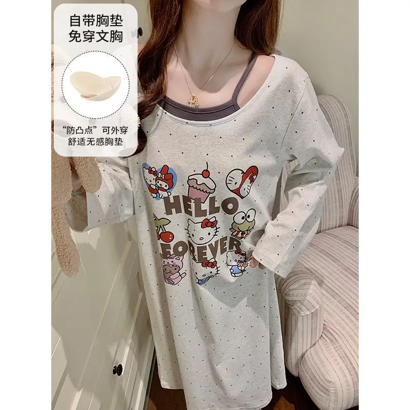 

Sanrio Ins Style Nightgown with Breast Pads Women Sweet Cartoonish In Spring Autumn Cute Comfortable Sleeping Dress Home Wear