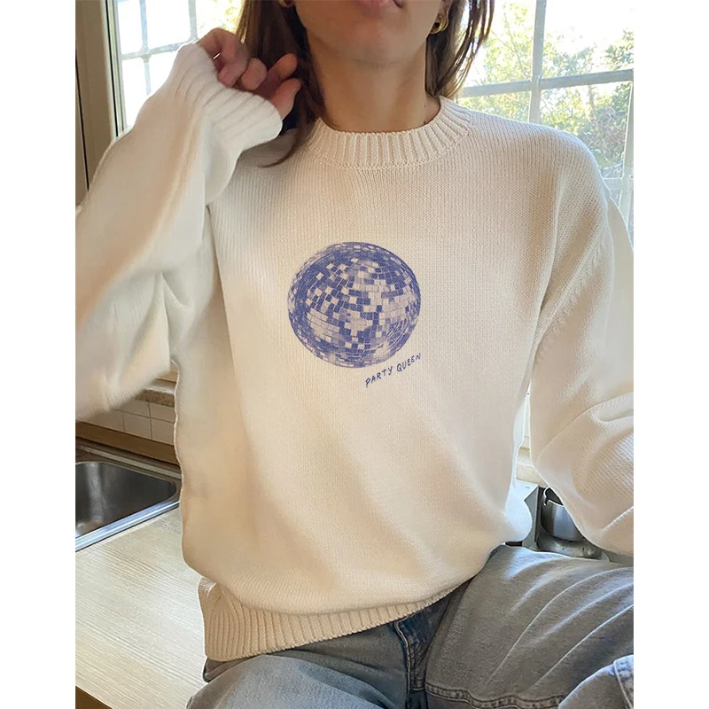 Autumn Winter New Languid Style Knitt Sweater Blue Ball Pattern Casual Fashion Pullover Couple Y2k High Street Loose O Neck Tops