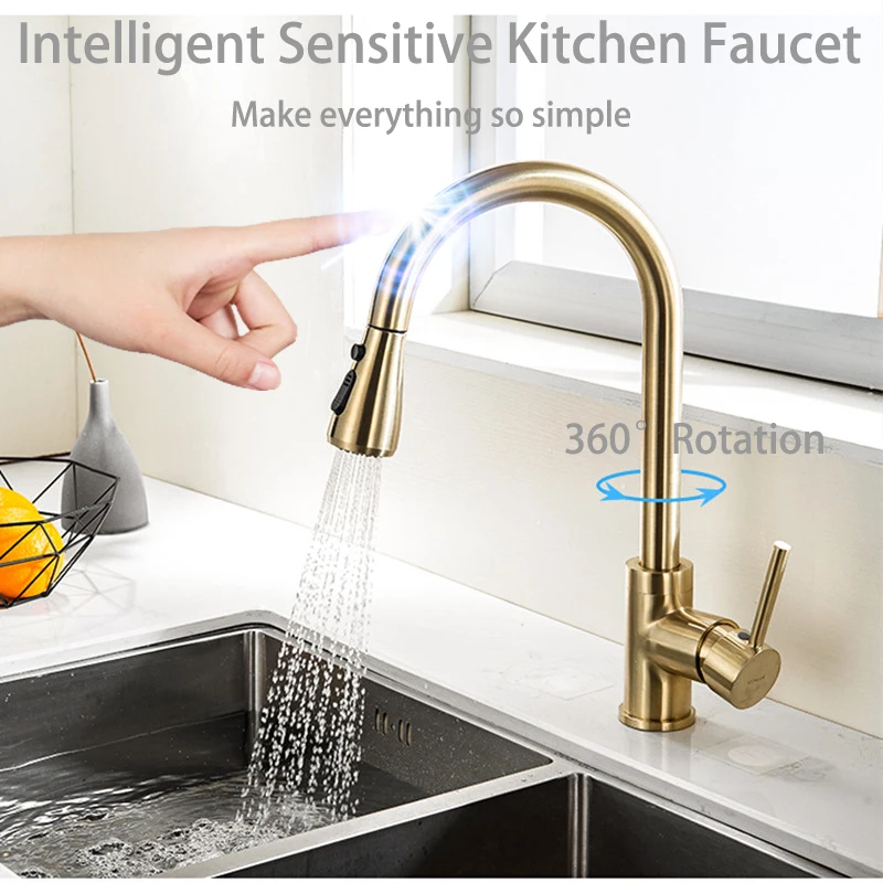 Touch Kitchen Faucet of Brushed Gold Pull Out Kitchen Mixer Tap Intelligent Sensor Kitchen Tap Smart Touch Kitchen Sink Faucets