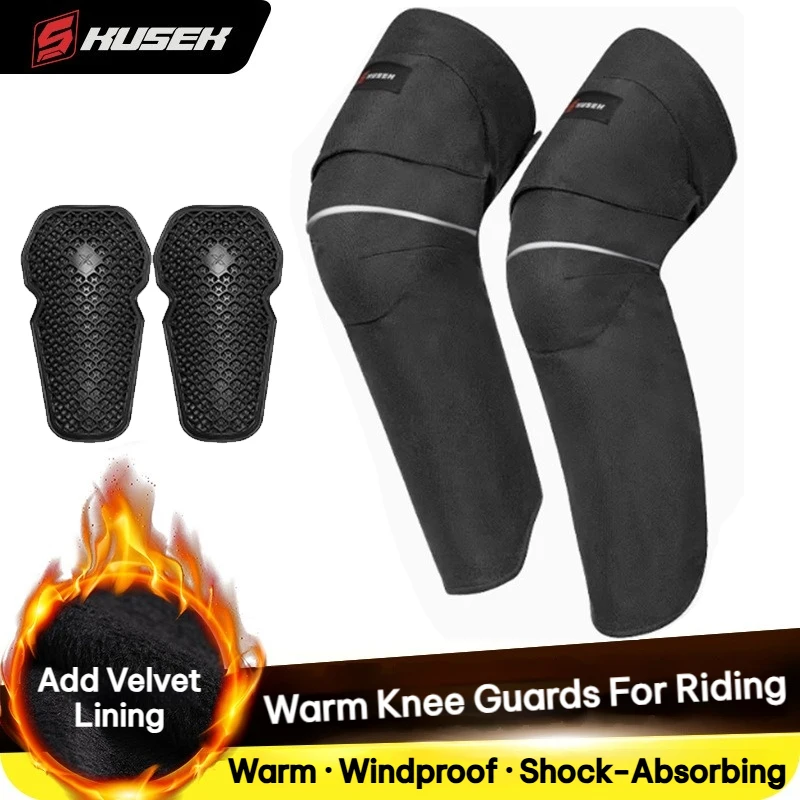 KUSEK Motorcycle Knee Warmers Winter Thermal Fleece Windproof Water Resistant Reflective Strips Velcro Shockproof for Men Women