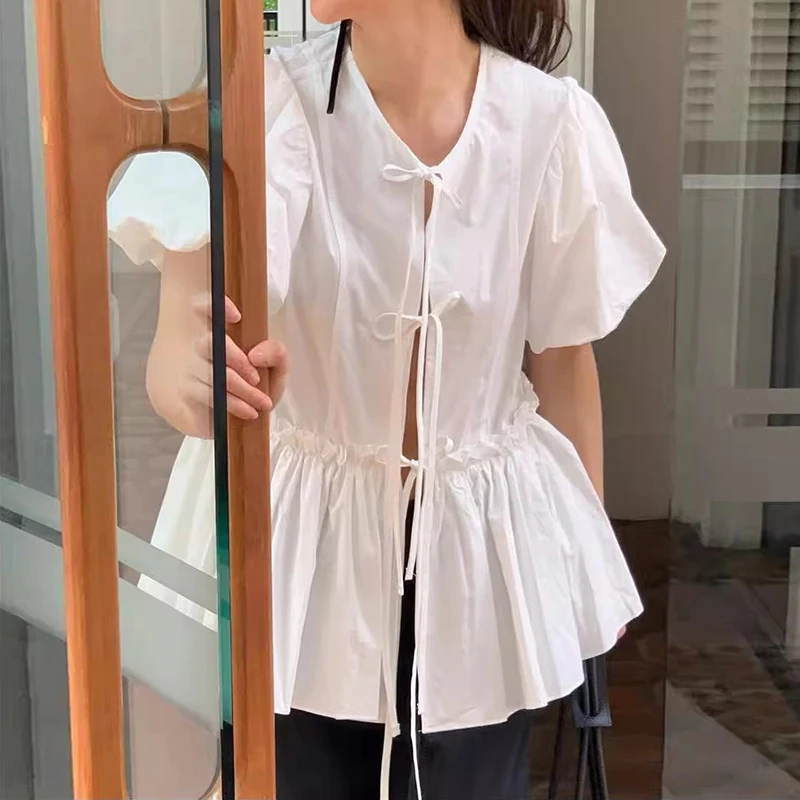 Csa Casual de Verão com Decote Redondo e Mangas Bufantes para Mulheres, Estilo Solto com Design de Recortes, Estilo Corean...