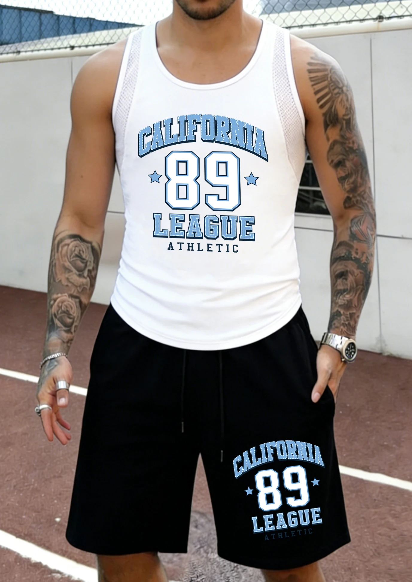

California Number 89 League Star Print Mens Casual Mesh Summer Sleeveless Sets Comfy Soft Tank Top Oversized Drawstring Shorts