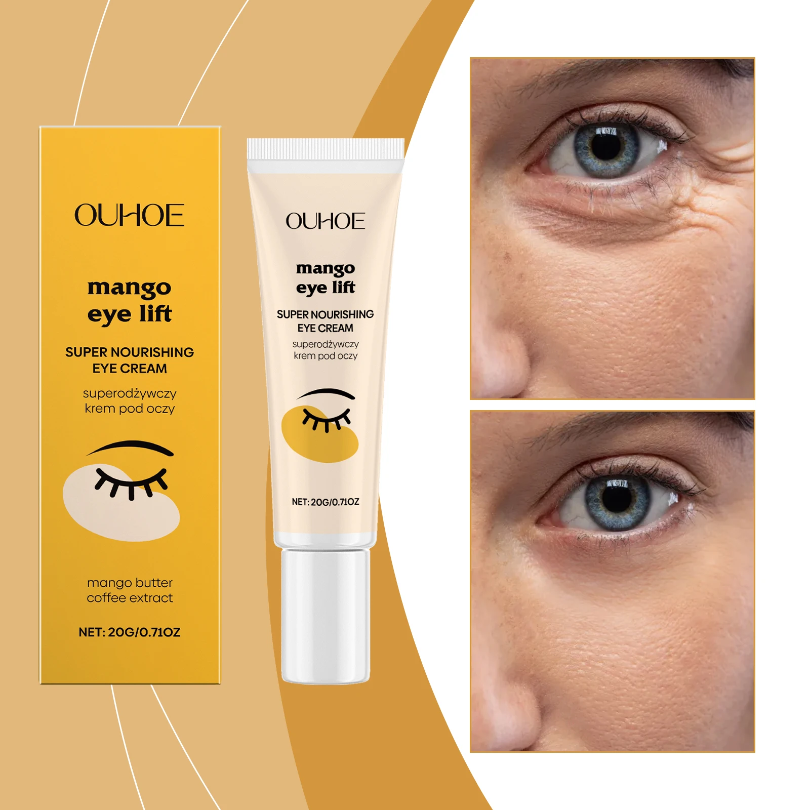 Mango Eye Lift Cream – Super nährende Augenbehandlung mit Mangobutter- und Kaffeerextrakt, Anti-Aging-Augencreme für Augenringe