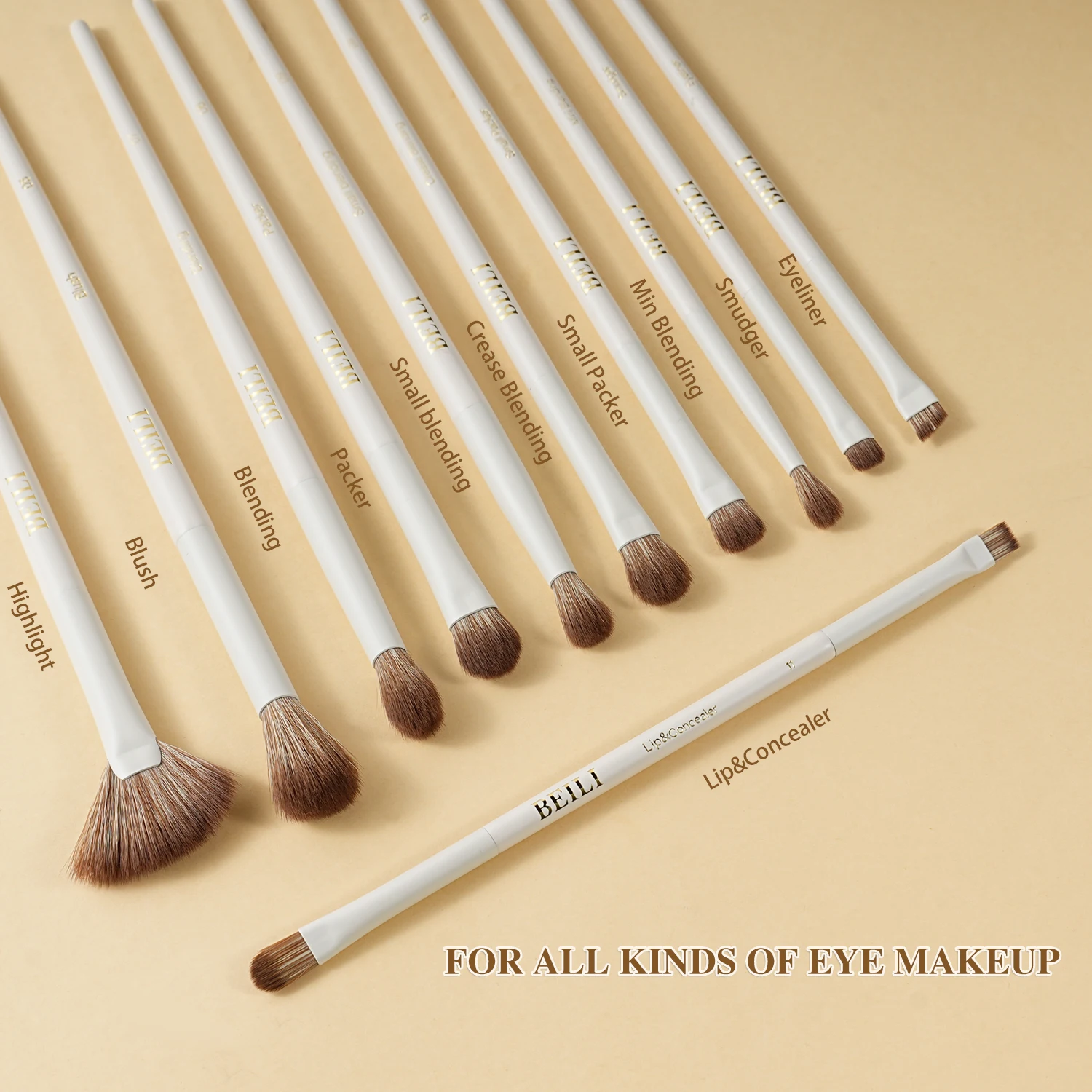 BEILI 15 szt. Beżowe, wysokiej jakości syntetyczne pędzle do makijażu, zestaw do podkładu, korektora, cieni do powiek, eyelinera, różu, blendowania i rozświetlania.