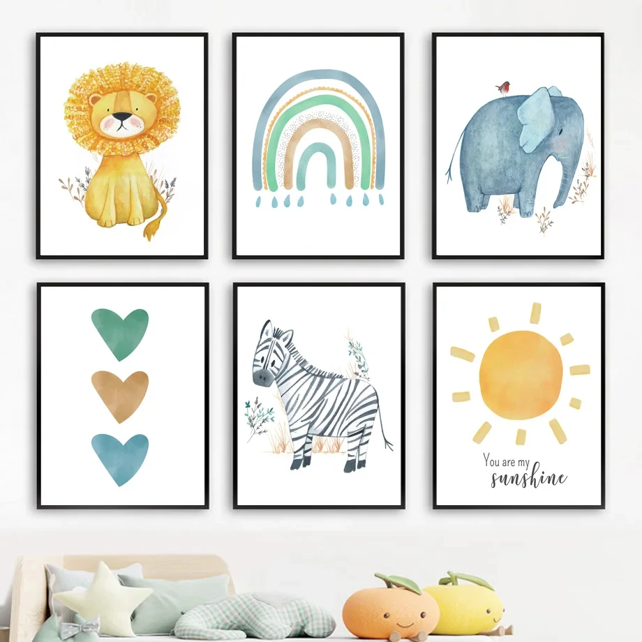 

Lion Zebra Rainbow Elephant Hippo Animals Sun Wall Art Children's Posters And Prints For Kids Room Baby Decor Canvas Painting