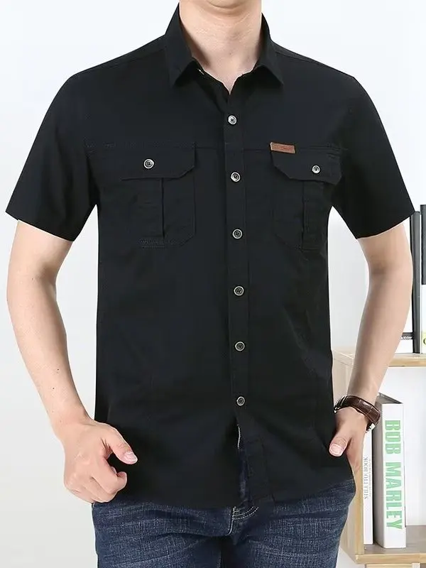 American Retro Workwear Short Sleeve Shirt Men's Summer Outdoor Casual Washed Functional Loose Large Size Shirt
