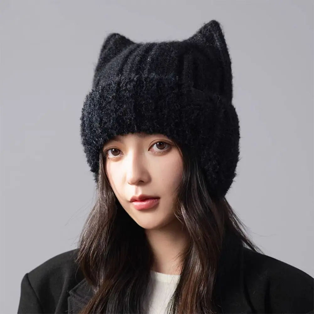 New Knitted Fabric Winter Earflap Hat Ribbed Knit Cat Ear Shape Lined Hat Soft Stretch Lining Knit Earflap Beanie For Children