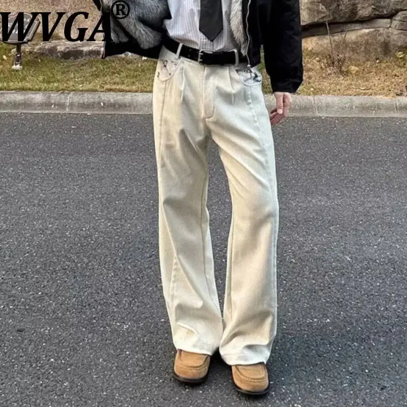 WVGA Spring Autumn New Men Floral Printed Pocket Design Pleated Trendy Trousers Niche Chic Casual Straight Suit Pants Ins W24337