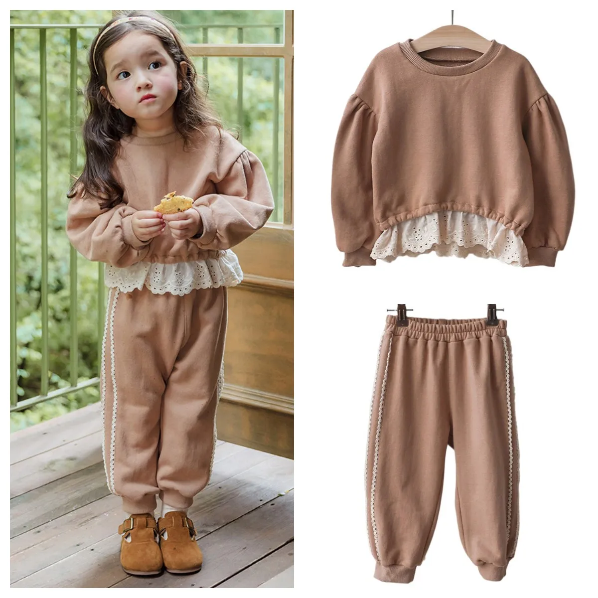 Kids Clothes Girls 2024 Autumn Korean Children\'s Set Kids Girls Lace Sweater Pants Outfit Set