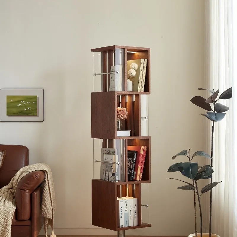 Rotating bookshelf antique book and newspaper shelf with ambient light display cabinet