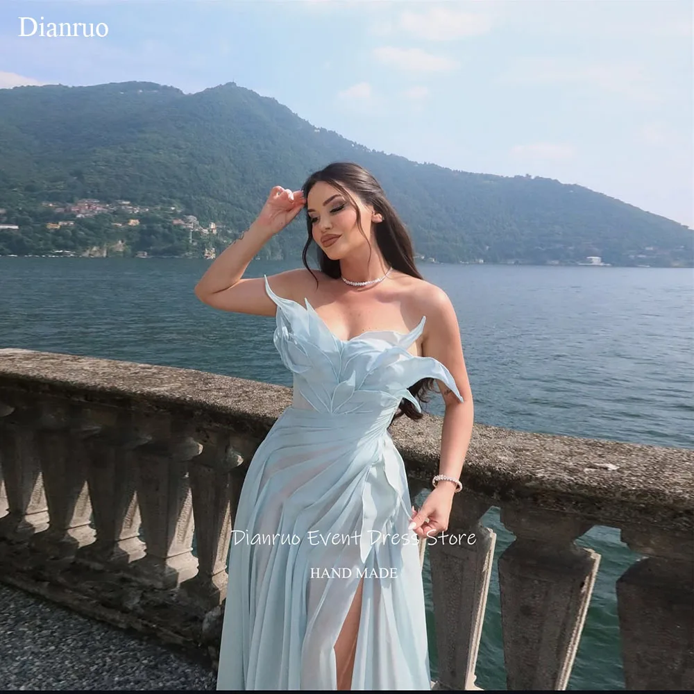 

Dianruo Strapless Sleeveless Flowy Evening Dress Chiffon 3D Flower Party Gown High Slit A Line Vestidos De Graduación Customized