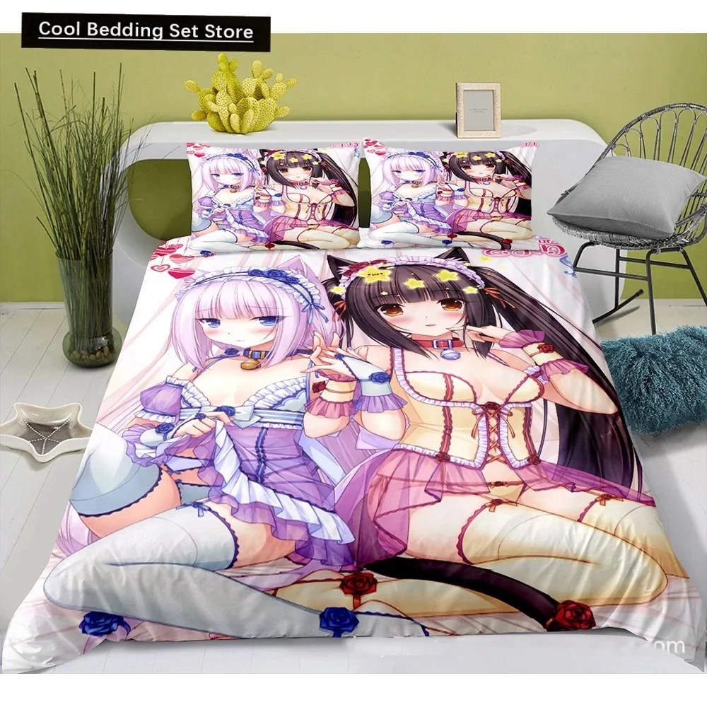 Cute Anime Cat Maid Pattern NEKOPARA 3pcs Bedding Set Game Printing Duvet Cover and Pillowcase Bedroom Decorate for Otaku Teens