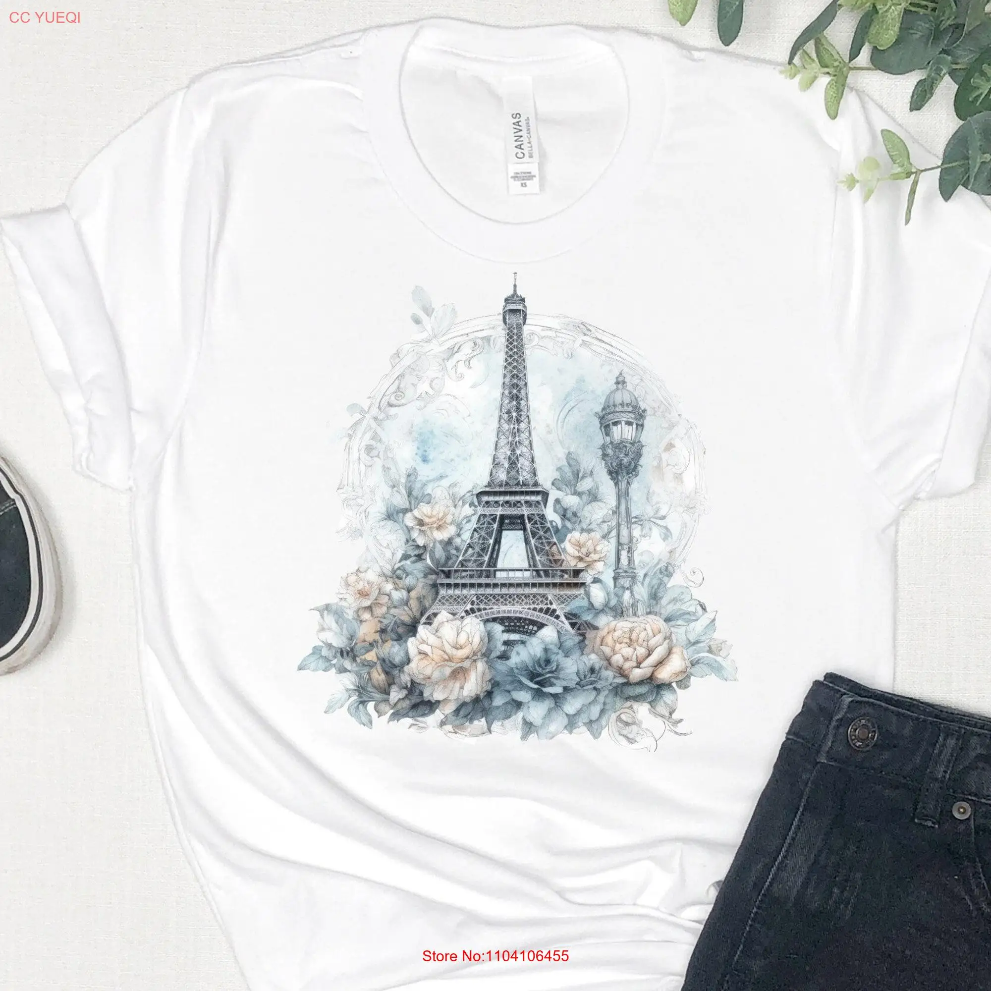 Floral Eiffel Tower T Shirt  Parisian Souvenir Paris Landmark for Francophiles long or short sleeves