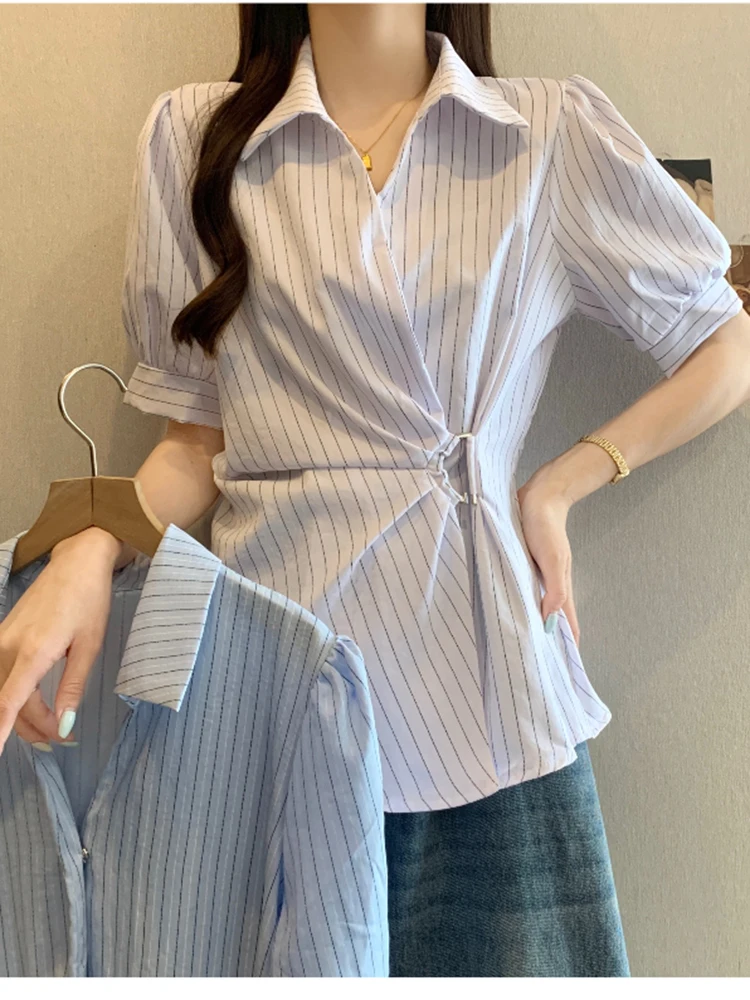 قمصان نسائية فرنسية مخططة بلوزات بيضاء غير منتظمة عتيقة للسيدات بأكمام طويلة وأزرار أنيقة تصميم نحيف جديد #2