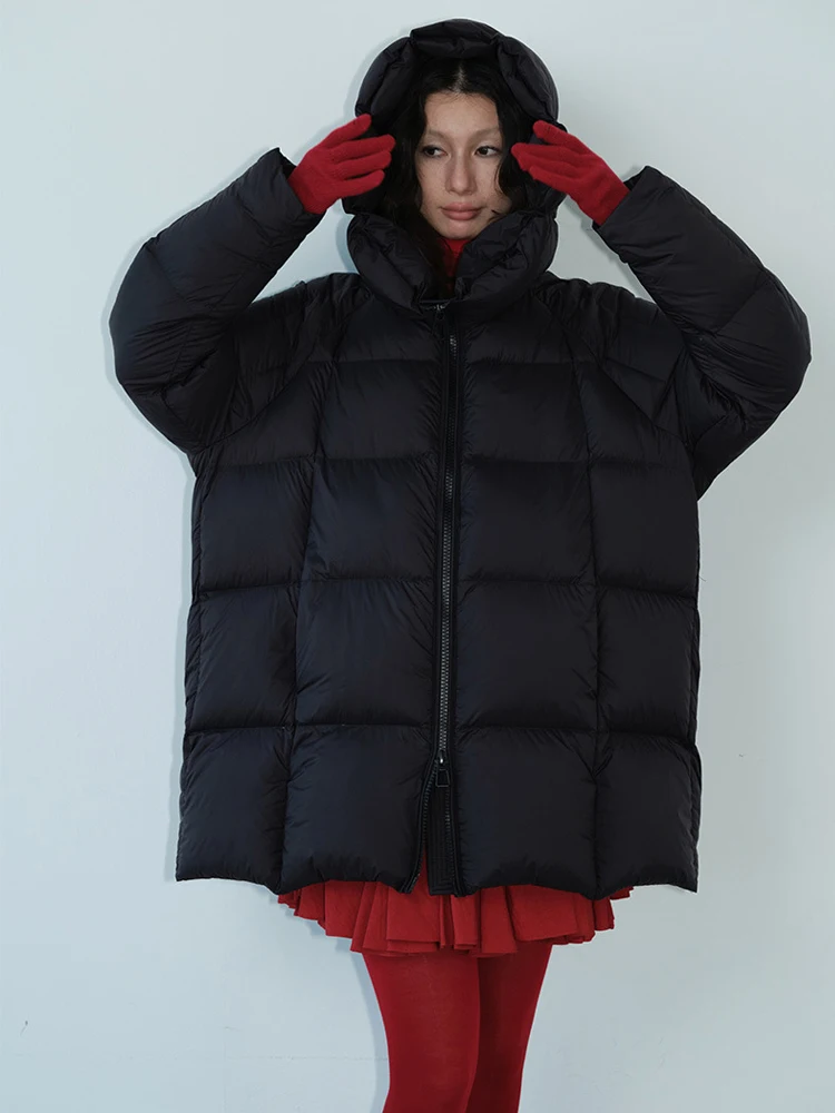 Luxe Pluizige 90% witte eend donsjack voor vrouwen 2026 Winter Beige Capuchon Rits puffer jas Oversize Warm INKEO DJ648