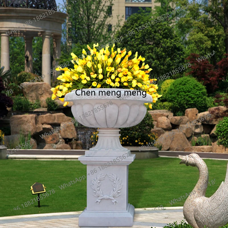 Stone carving flower pot white marble material flower pot   decoration European flower pot decoration