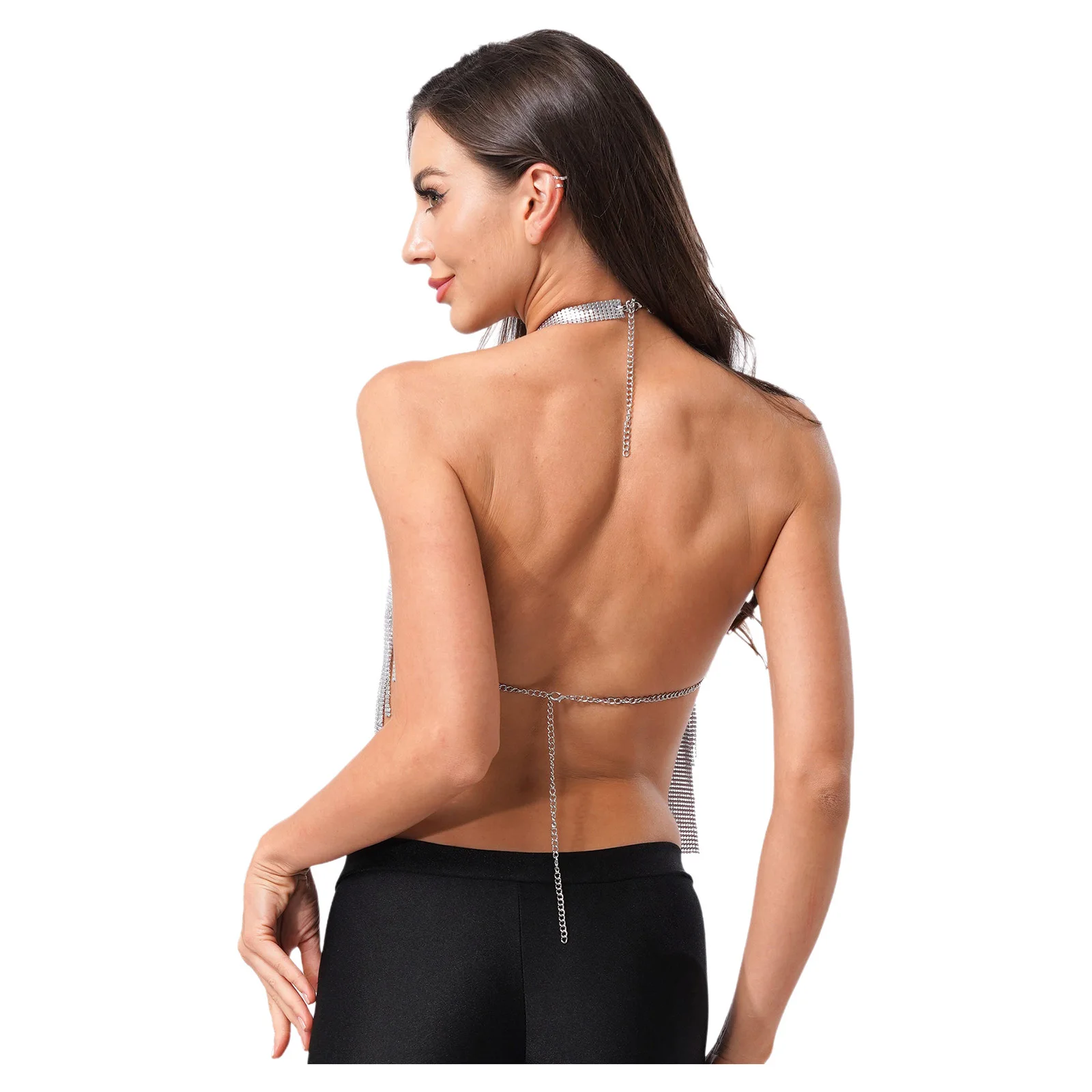 여성 패션 스팽글 캐미솔 핫 홀터 반짝 이는 메탈릭 Tassels 백 레스 크롭 탑 나이트 클럽 레이브 파티 뮤지컬 축제