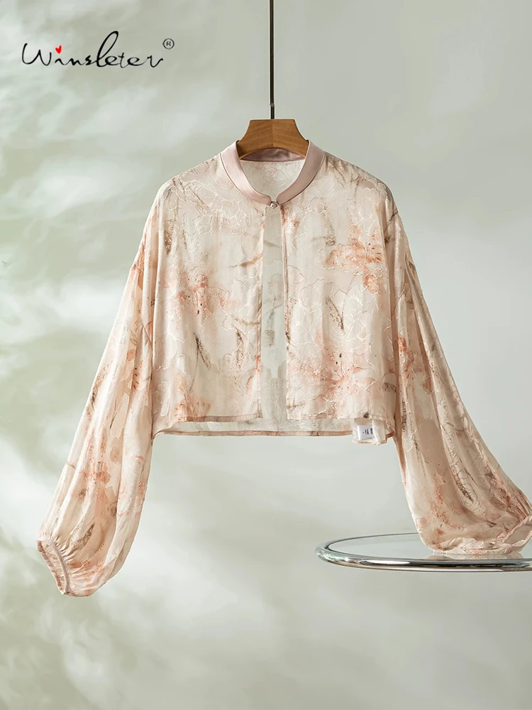 Winsleter-100%Real Silk Elegant Coat, Stand Cut Flower Silk, Women Sunscreen Loose Sheer Thin Short Coat, 2026 Autumn C6O538CC