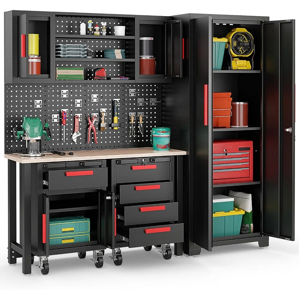 

Garage Cabinets and Storage System, 6-Piece Garage Organization Cabinets Set with Rubber Wood Worktop, Pegboard,2 Rolling Chests