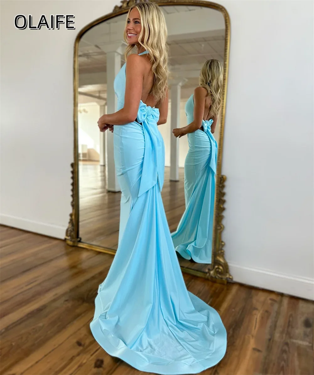 Abiti da sera senza maniche a sirena con scollo all'americana personalizzati con fiocco in raso Sweep Train Abiti per eventi speciali فساتboekboekف www