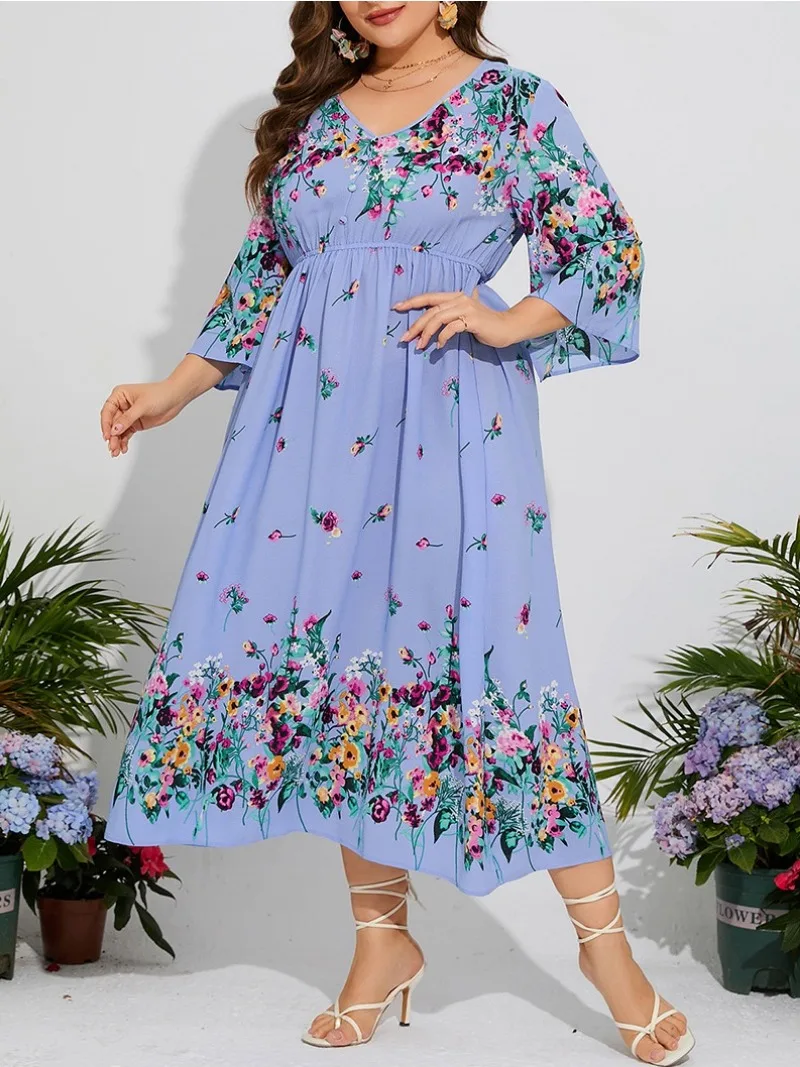 Women Fashion Vacation Elegant Casual Fragmented Flower Loose Dress Flare Sleeves V-Neck Elastic Waist Chiffon Long Dress