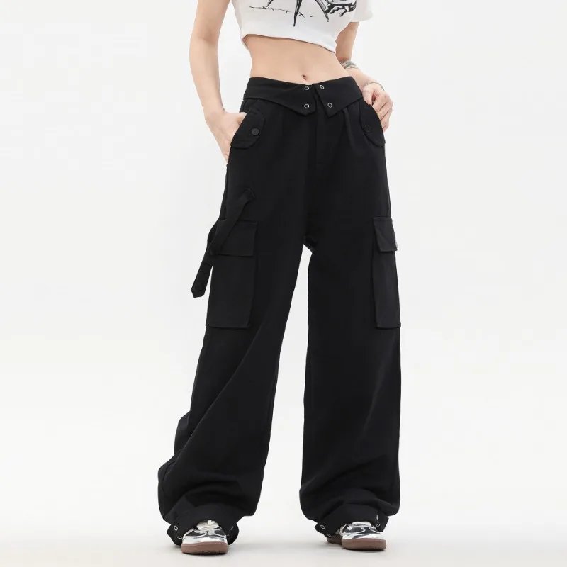 OR FL American Retro Wash And Age 100 Cotton Women Cargo Trousers Trendy Brand Design Sense Small Lapel High Waist Look Slacks