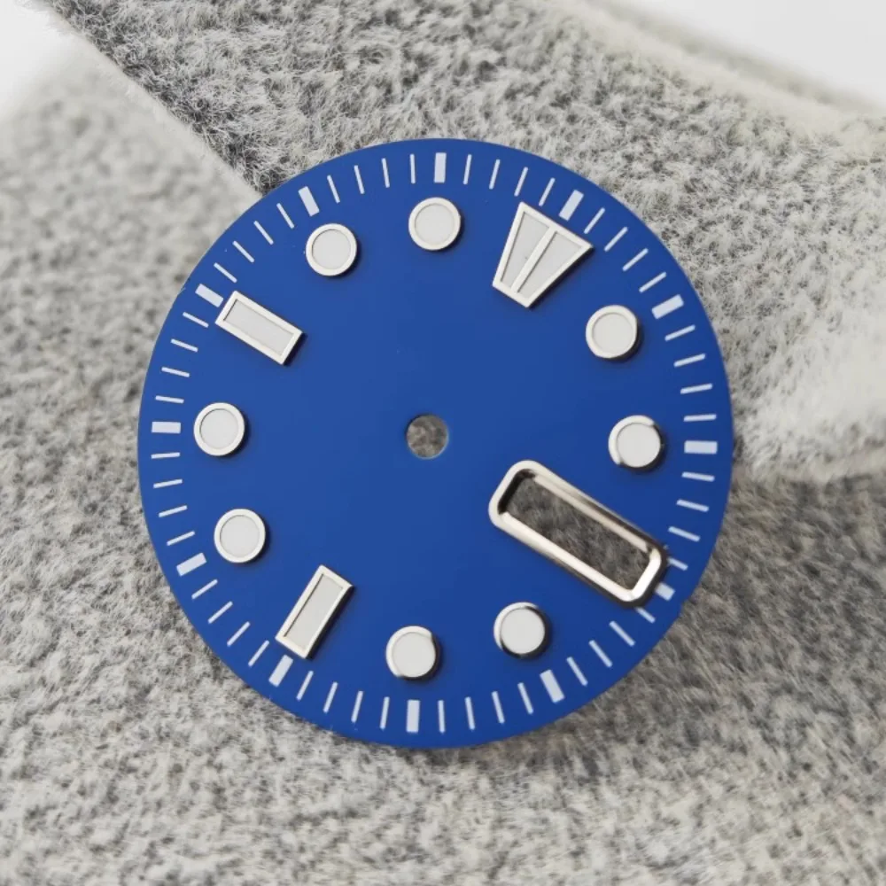 28.5mm NH36 Watch Dial BGW9 Ice Blue Luminous Watch Faces with Dual Date Calendar Window Watch Accessory for NH36 Movement