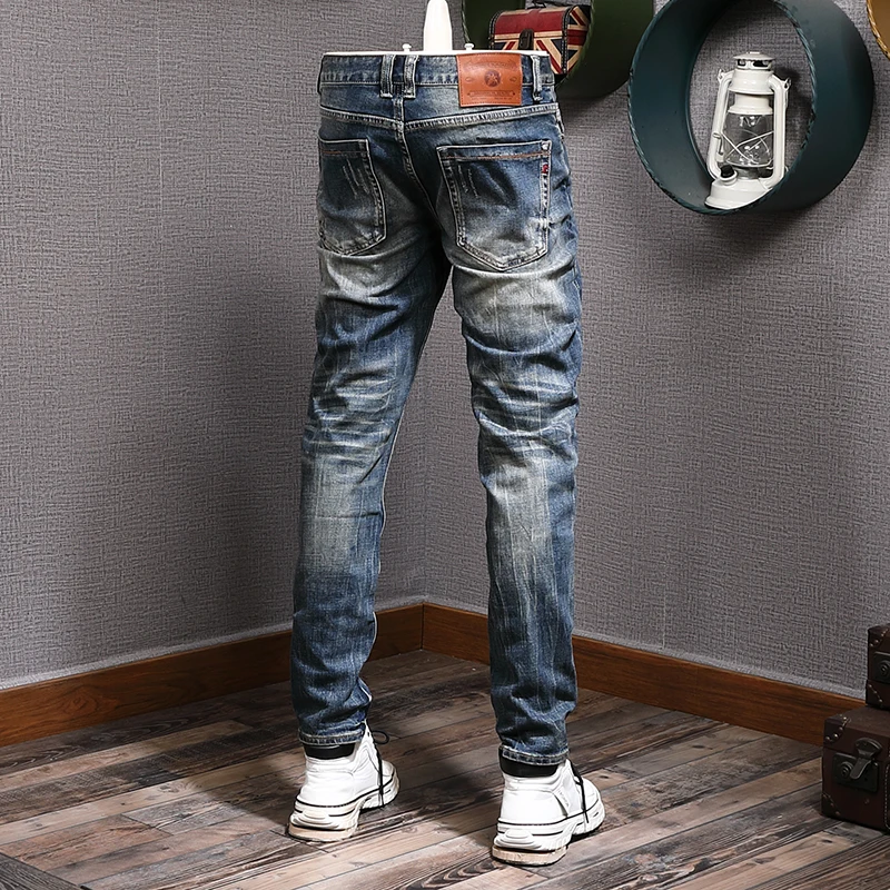 European Trend Fashion Men Jeans High Quality Retro Blue Elastic Slim Fit Ripped Jeans Men Vintage Designer Denim Pants Hombre