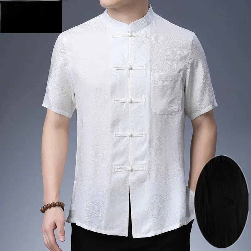 

100% Mulberry Real Silk Shirts for Men Stand Collar 's Short Sleeve Stain Shirt Loose Casual Summer Clothing Camisetas