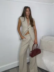 HH Women Turn-Down Collar Fake Pocket Single Button Vest Top+Elegant High Waist Side Pocket Zipper Long Pant 2 Piece Set