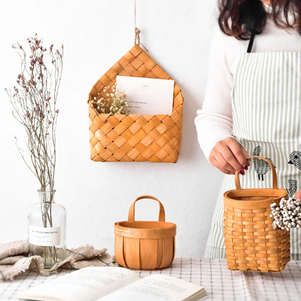 1 szt. Drewniany, pleciony kosz wiszący na ścianę, khaki, idealny jako doniczka na sukulenty, sztuczne kwiaty, dekoracja domu.