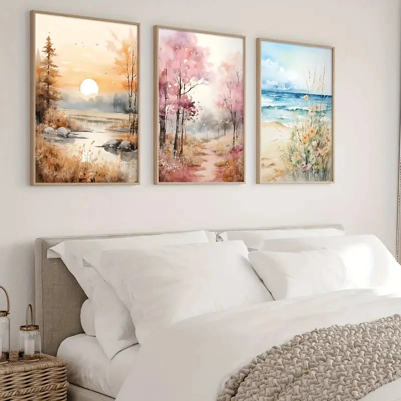 3Pcs/Set Modernnaturalcanvasposter Wall Artcherry Blossomforestflowersbeach Creek Sunset Scenery Living Room Home Decor No Frame