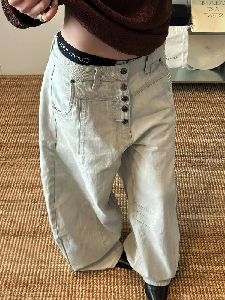 Deeptown Y2k American Vintage Jeans Damen Washed Button Design Breites Bein Niedrige Taille Denim Hose Baggy Casual Hose Streetwear