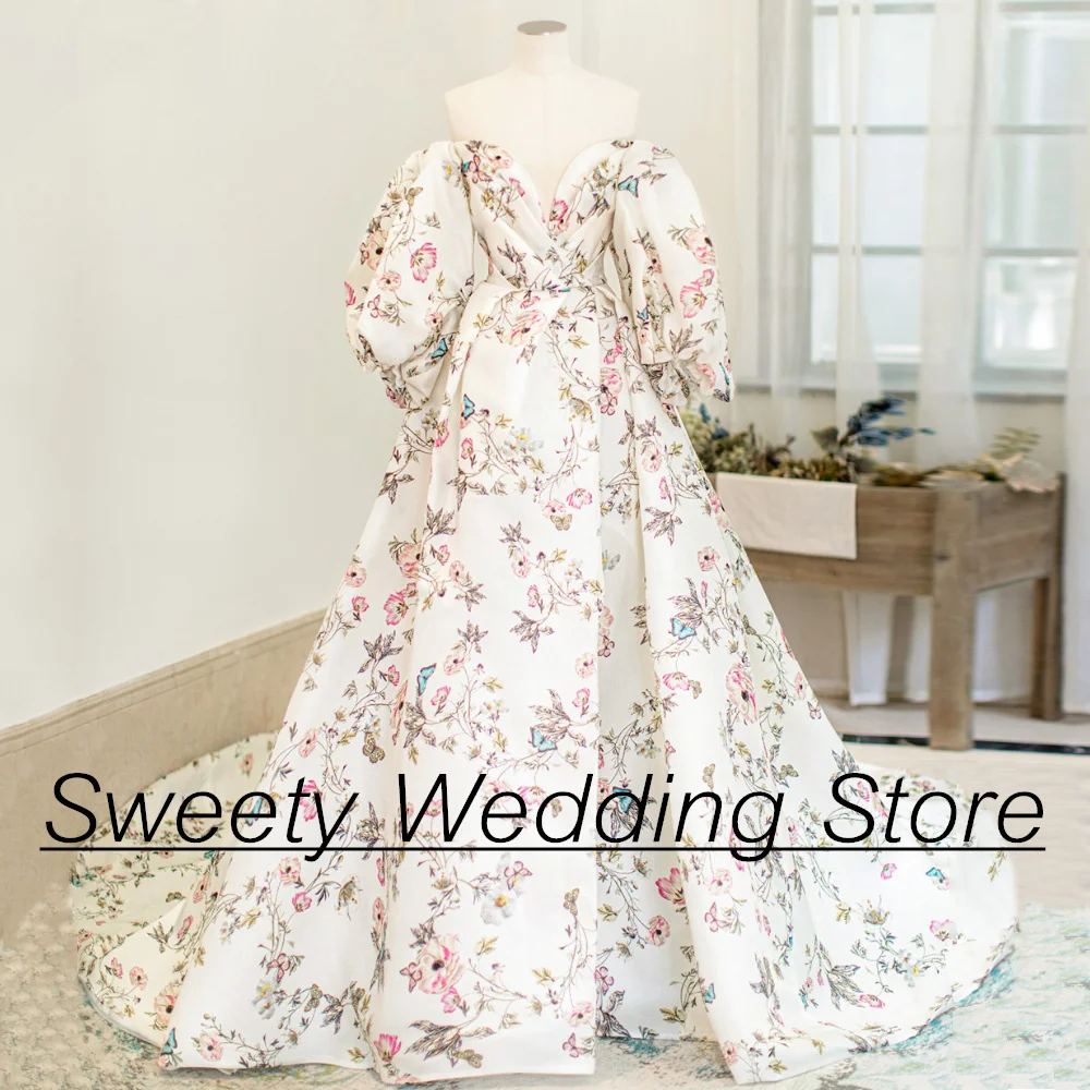 

Charming Spring Floral Wedding Dress Puff Sleeves V Neck Pleat Royal Bridal Gown A Line Vestido De Noiva Women Bride Dresses