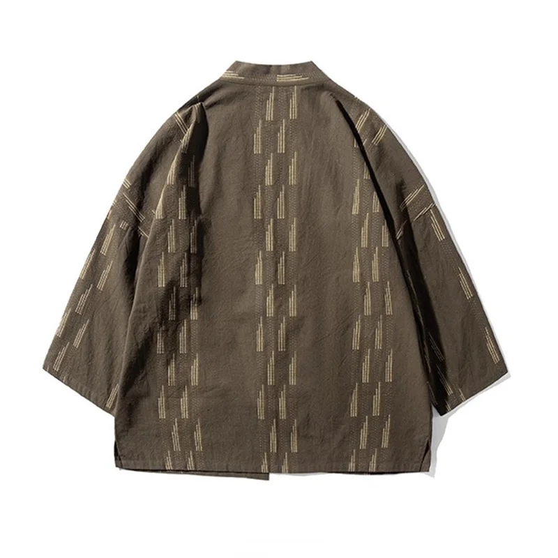Stripe Pattern Men Cotton & Linen Thin Kimono Jacket Vintage Drop Shoulder Three Quarter Sleeves Japanese Haori