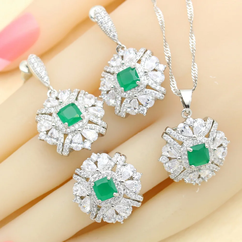 925 Silver Bridal Jewelry Sets For Women Green Stones Earrings Necklace Pendant Bracelet Open Ring Christmas Gift 4PCS