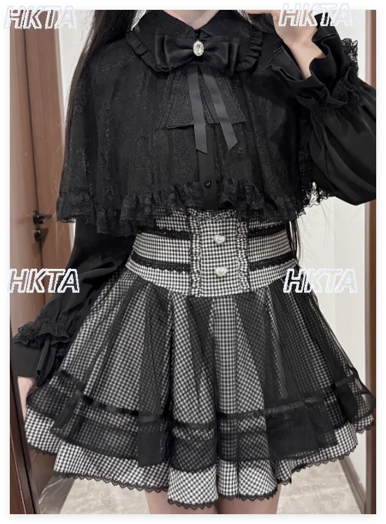 

Japanese Sweet Commuting Polo Collar Long Sleeve Bow Lace Cape Daily Lo Shirts Top High Waist Black Skirt Two Pieces Sets Women