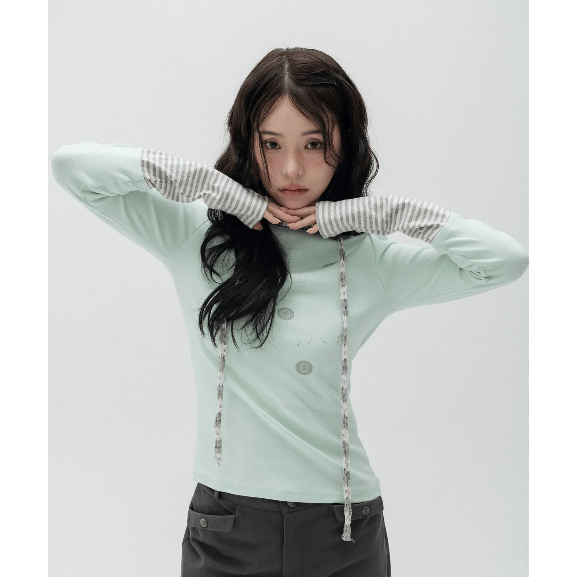 Retro Harajuku Subculture Long Sleeve Top Stripe Stitching Cuff Symbol Print Slim Casual Fashion Inner T-shirt