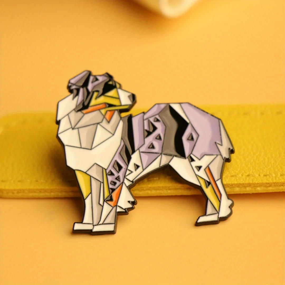 Cute animal pin with geometric sheepdog design, suitable for all genders as wearable accessory or gift.