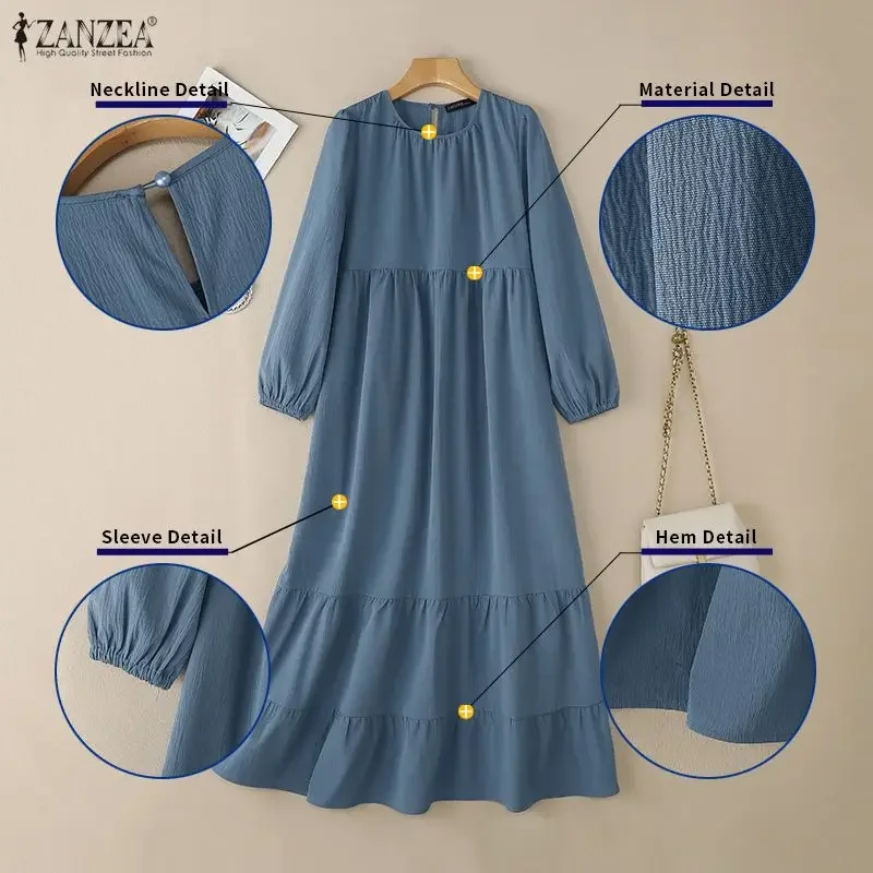 ZANZEA Spring Elegant Long Sleeve Muslim Dress Abaya Women Dresses 2026 Stylish Ruffled Hem Robe Stylish Holiday Party Sundress