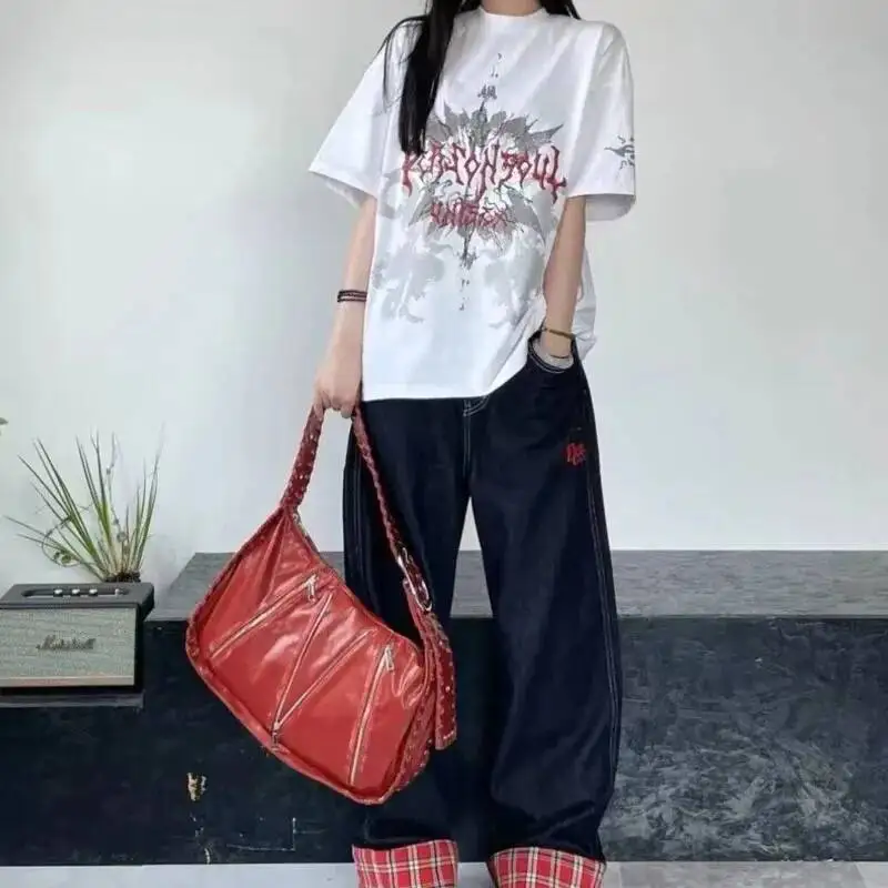 Bloom Hot Girls Red Tote Bag Purse Women High Street Large Capacity Pu Leather Casual Y2k Handbag Ladies Retro Shoulder Bags