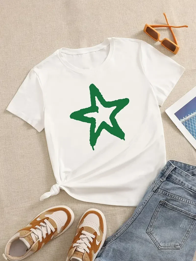 Green Five-pointed Star Printed T-shirt Fashion T Round Neck Short Sleeve T Harajuku Vintage Y2K Top Summer Women's Clothing