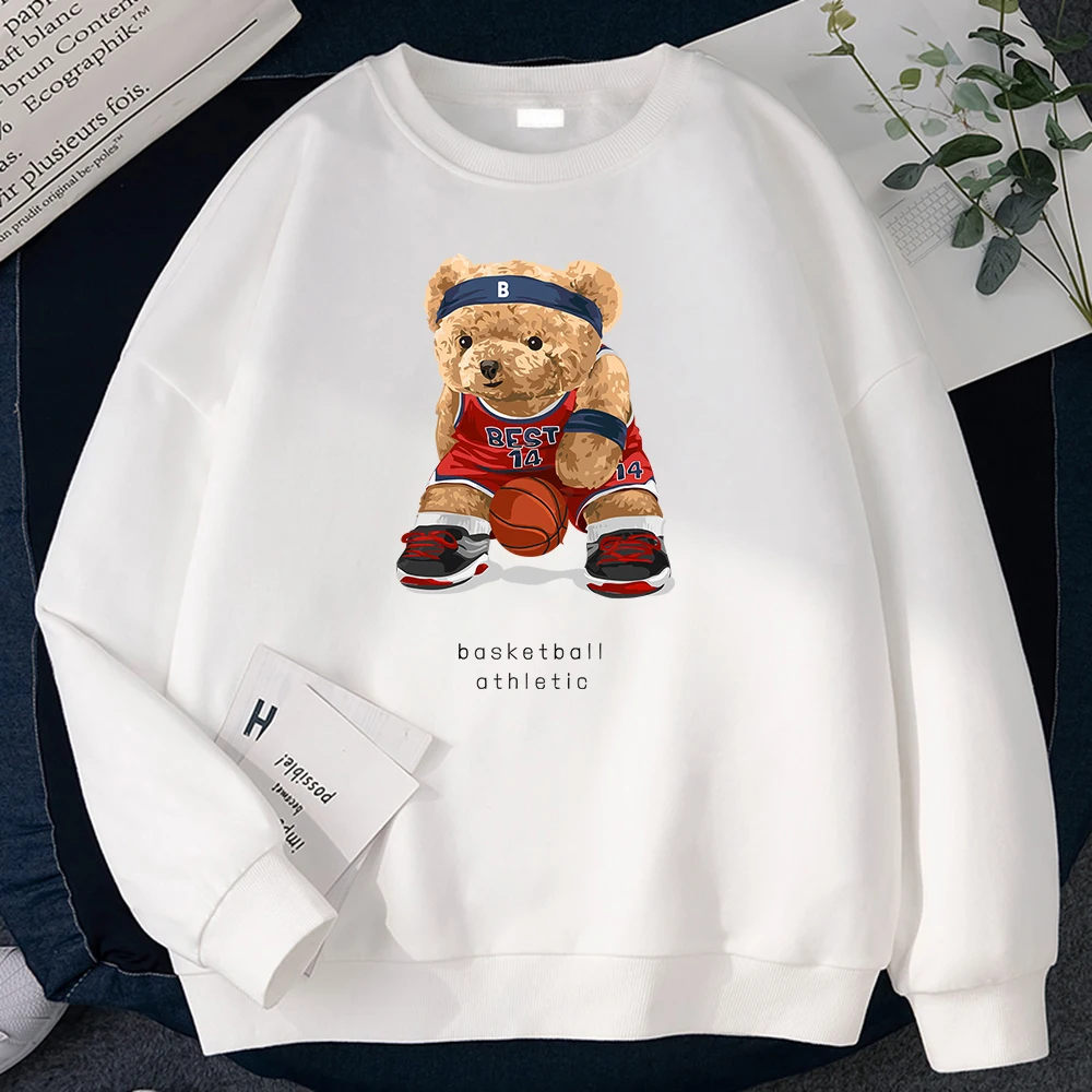 Casualpullovers For Women No Best14 Teddy Bear Basketball Athletic Print Hoodies Loose Crewneck Sweatshirts Warm Fleece Tops