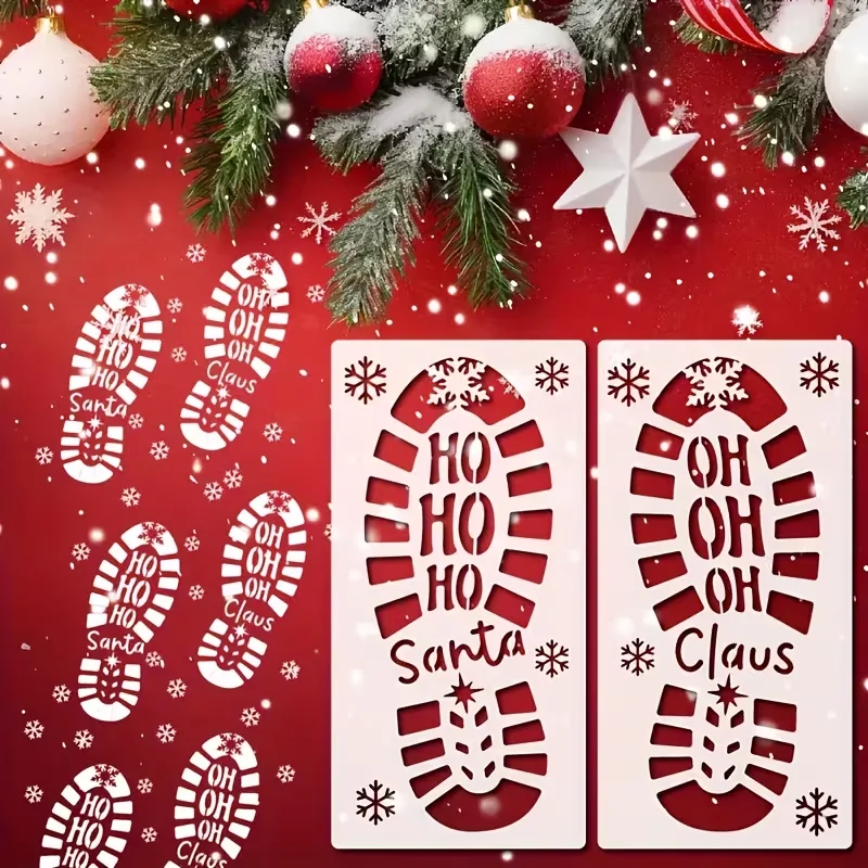 2Pcs Santa Claus Footprint Stencils 5.9 x 11.8 Inch Christmas Boot Snowflake Painting Templates for Floor Wall Canvas DIY Holida